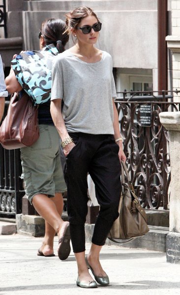 black capris with gray oversized t-shirt