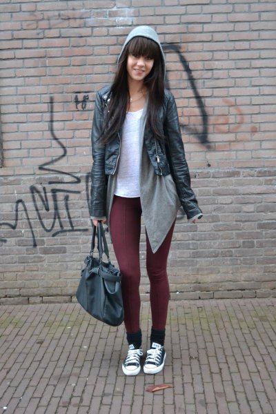 white tee with gray cardigan black leather jacket
