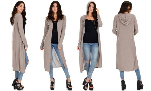gray long hooded cardigan with black vest top light blue skinny jeans