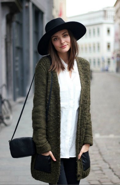 black felt hat with gray cardigan white button up shirt