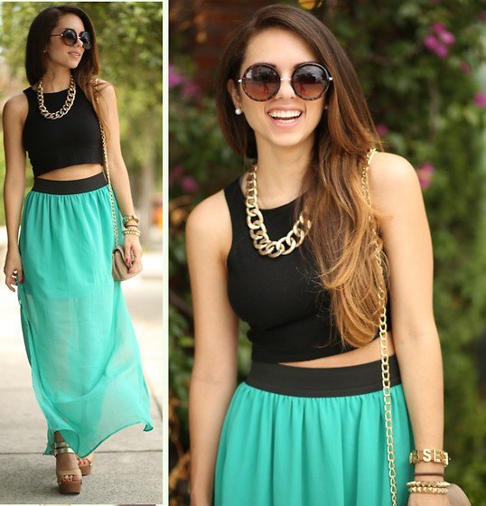 black crop top with gray maxi chiffon skirt and necklace
