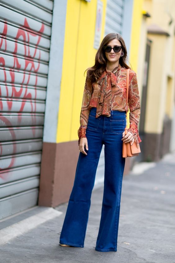 tie neck blouse puffed jeans