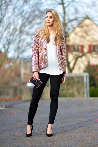 pink gold blazer with white blouse black skinny jeans