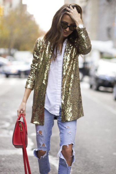 gold oversized sequin with white shirt and boyfriends