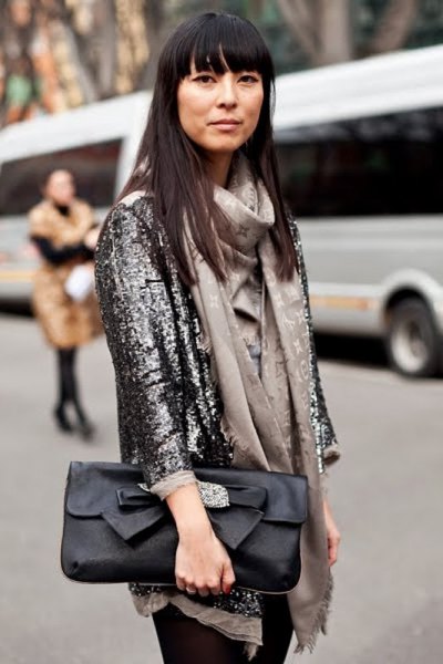black sequin blazer with pink blouse and scarf