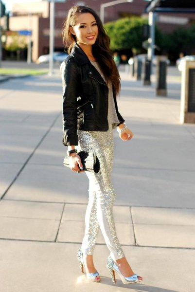 silver sequins with black moto jacket