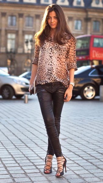 leopard print blouse with black leather pants