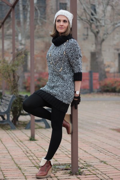 black and heather gray color block turtleneck mini knitted dress