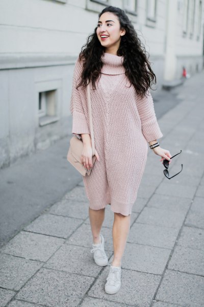 pink turtleneck chunky knee length knitted dress