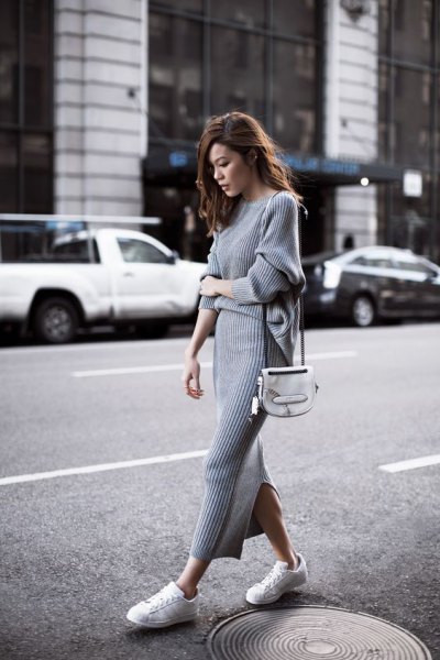 gray ribbed maxi sweater dress with white sneakers