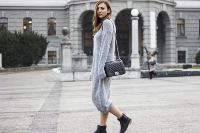 gray long fuzzy sweater dress with black ankle boots