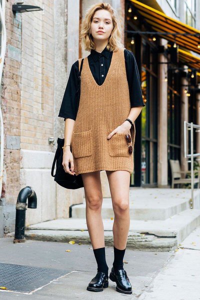 camel ribbed mini knit dress with black button up shirt