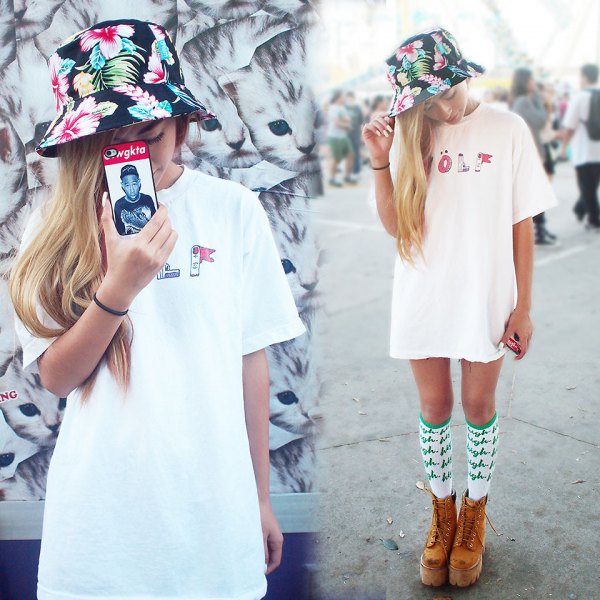 black floral bucket hat with white dress
