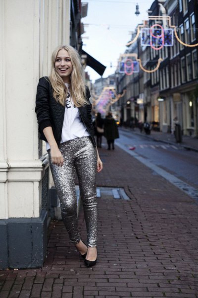 silver glitter pants with white print tee and black blazer