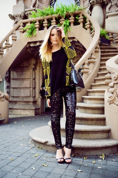 yellow and black printed blazer with glitter pants