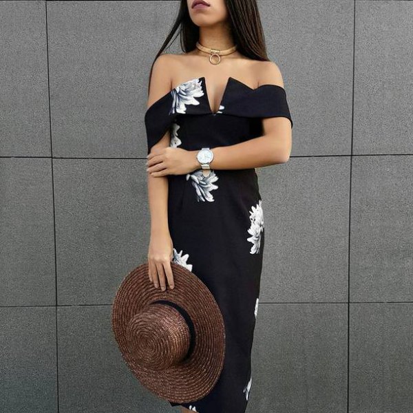 black off the shoulder deep midi dress with v-neck with gold choker