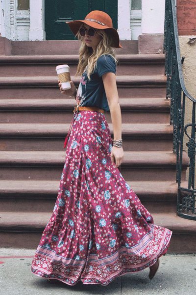black and blue floral printed floral bohemian skirt