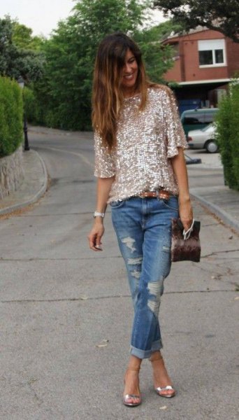 glitter top with boyfriend jeans silver heels
