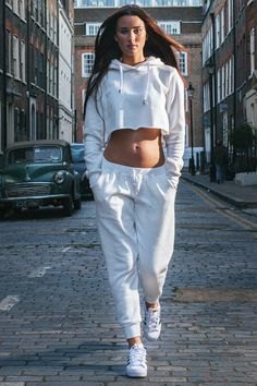 white cropped hoodie with joggers