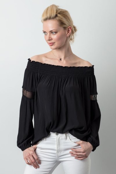 black from the shoulder farmer top white skinny jeans