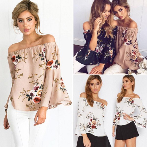 white flowers printed by shoulder top black flowing shorts