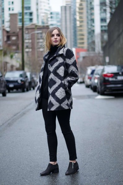 gray and black patterned wool coat black high heeled loafers