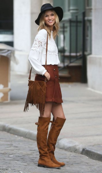 brown leather mini skirt over the knee boots