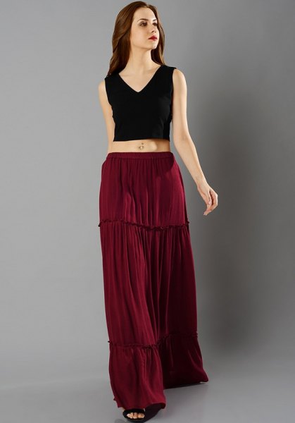 black v-neck sleeveless crop top brown peasant skirt