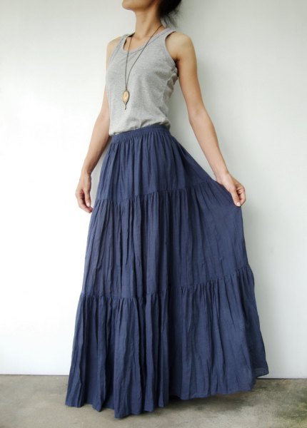 gray vest top navy floor length bond skirt