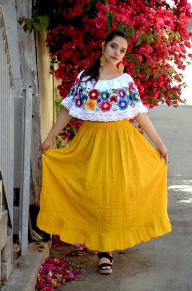 white boat neck mexican farmer blouse yellow high waist flared maxi skirt