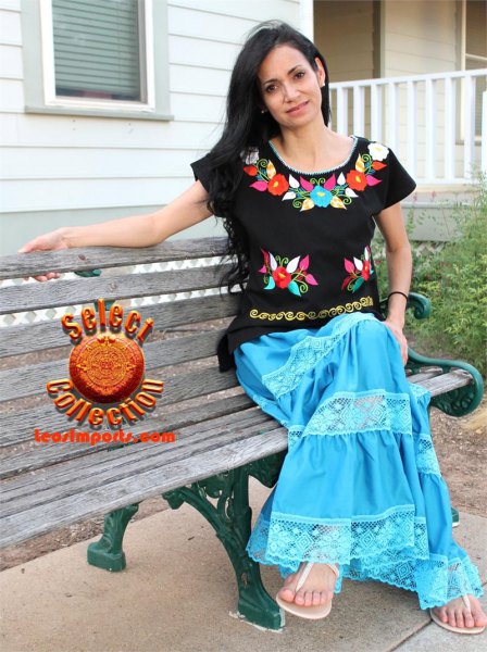 black mexican blouse with blue maxi skirt