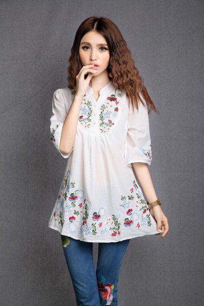 white floral mexican blouse floral skinny jeans