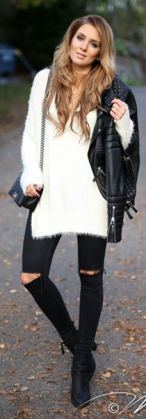 white long fuzzy sweater black ripped skinny jeans leather jacket