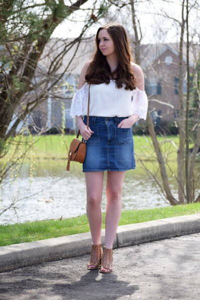 white cold shoulder top high waist blue denim mini skirt