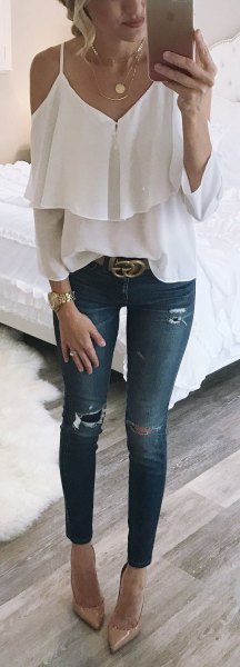 white cold shoulder ruffle front blouse ripped skinny jeans
