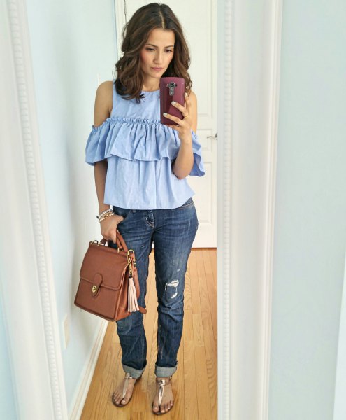 blue cold shoulder ruffle shirt ripped jeans