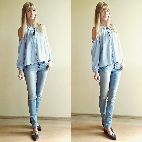 light blue crew button on cold shoulder sweater