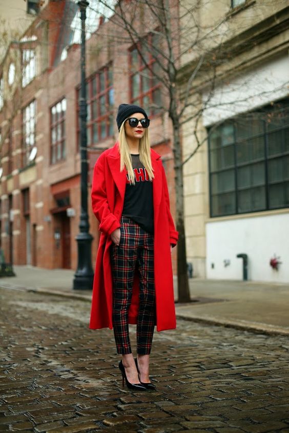 red plaid trousers long jacket