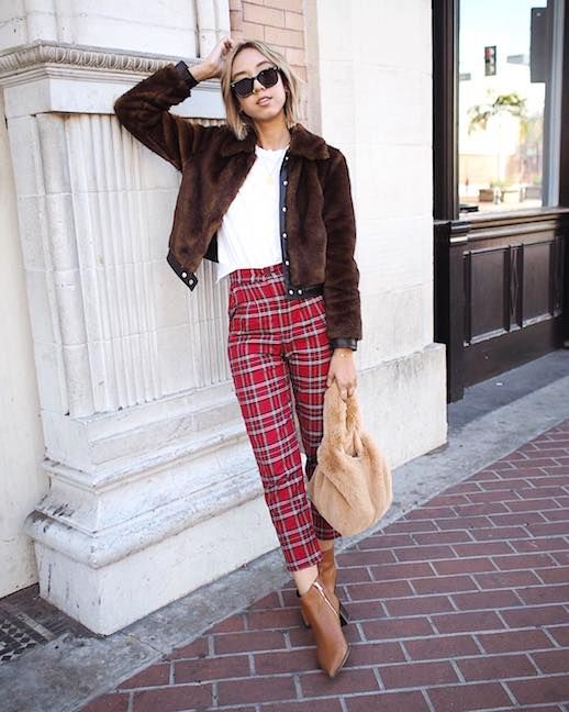 red plaid trousers fur jacket 