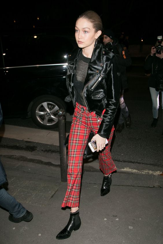 red plaid trousers fur jacket