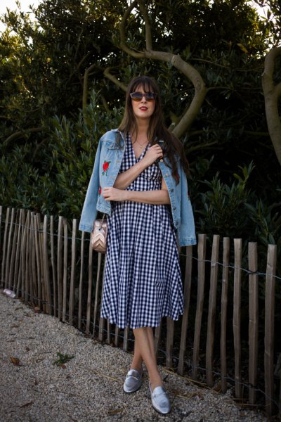 checkered midi-extended dress with embroidered denim jackets loafers