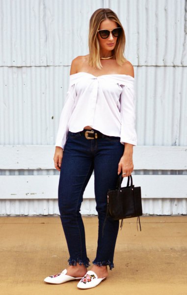 white from the shoulder blouse with embroidered slides