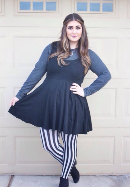gray long-sleeved tee black fit and flare mini dress