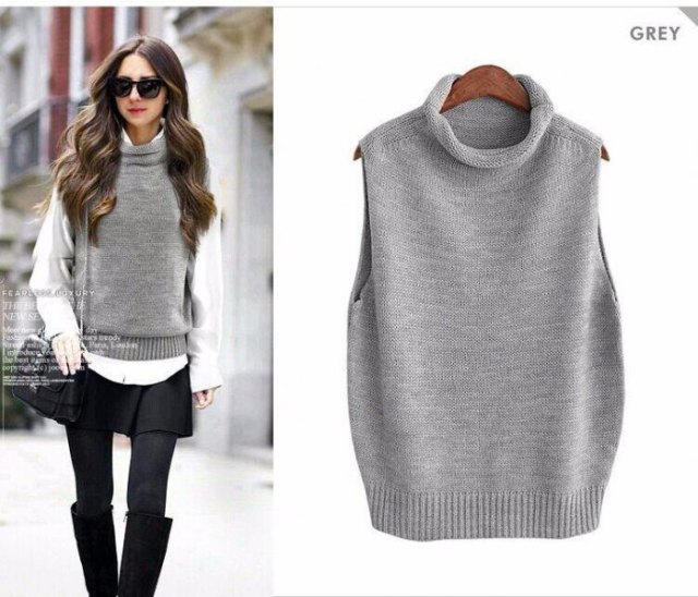 turtleneck gray sweater vest white shirt black skirt