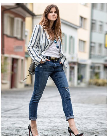 gray and white vertical striped blazer white tee cuffed jeans