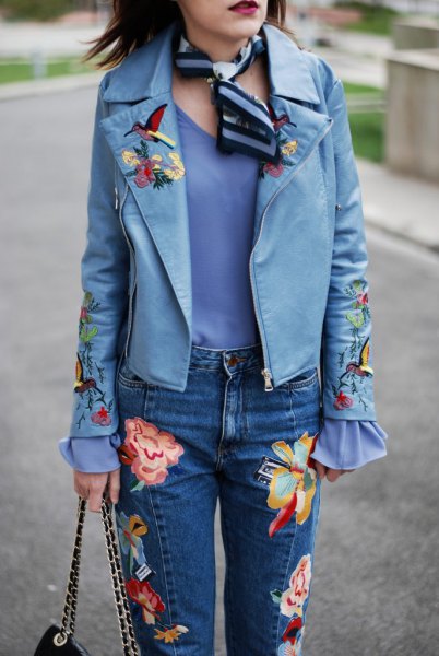 blue embroidered leather jacket with scarf jeans