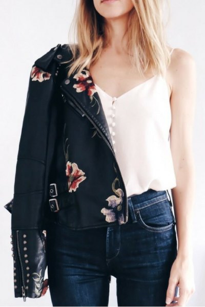 white button up camisole black embroidered leather jacket