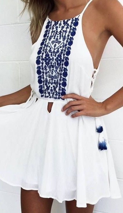 white embroidered dress blue