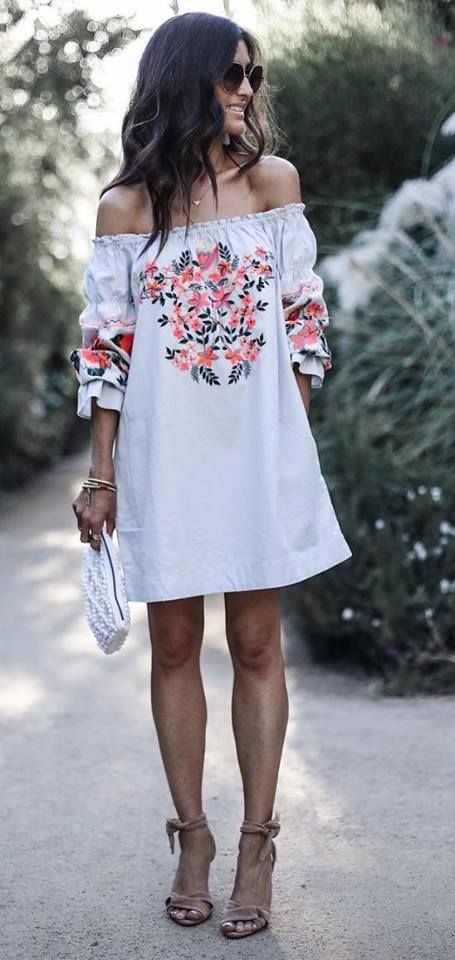 white embroidered dress off the shoulder
