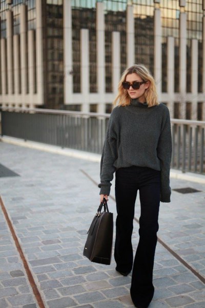 gray turtleneck chunky knitted sweater black blown pants